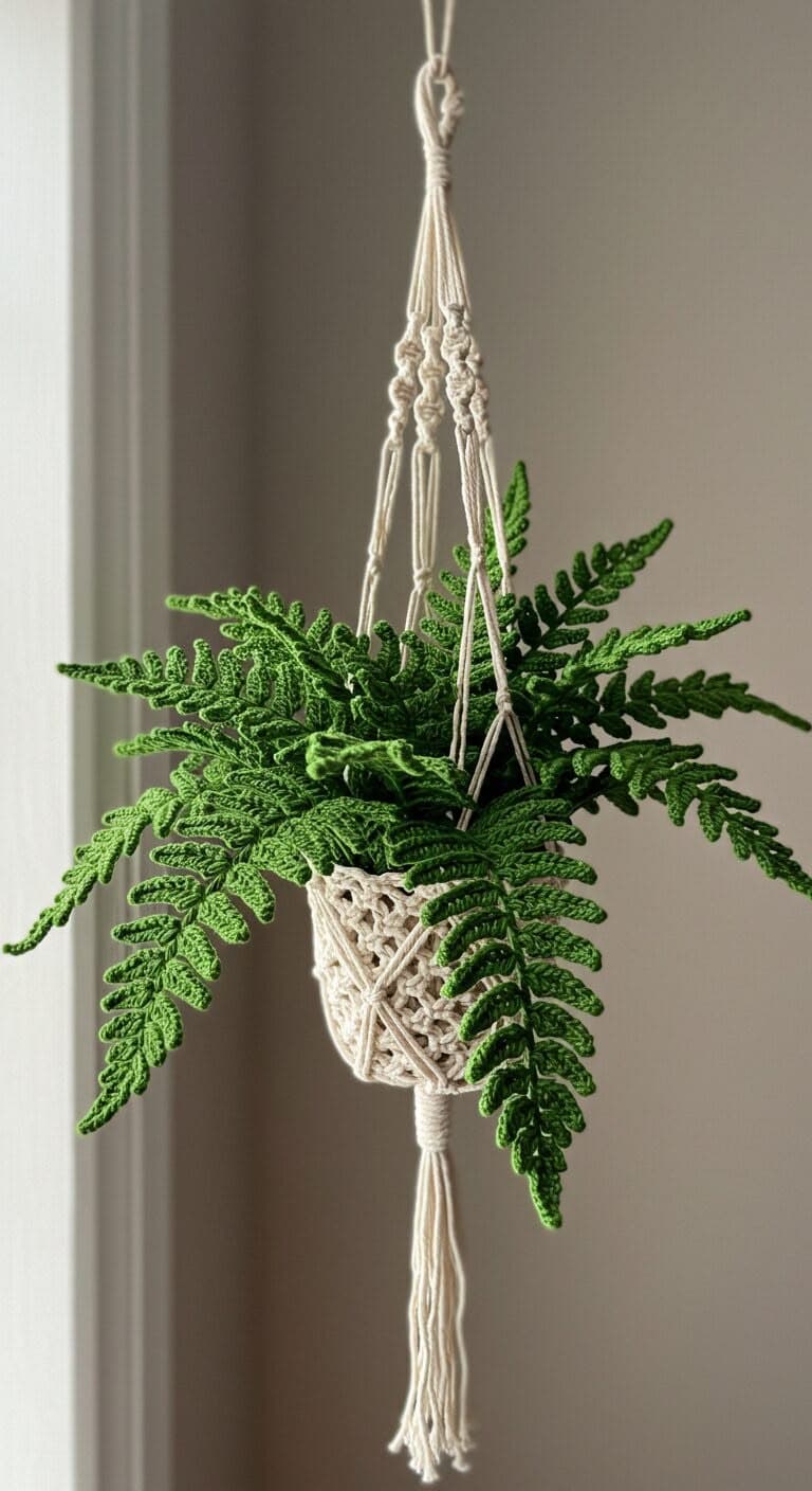A crochet fern in a handmade macrame hanger by a window