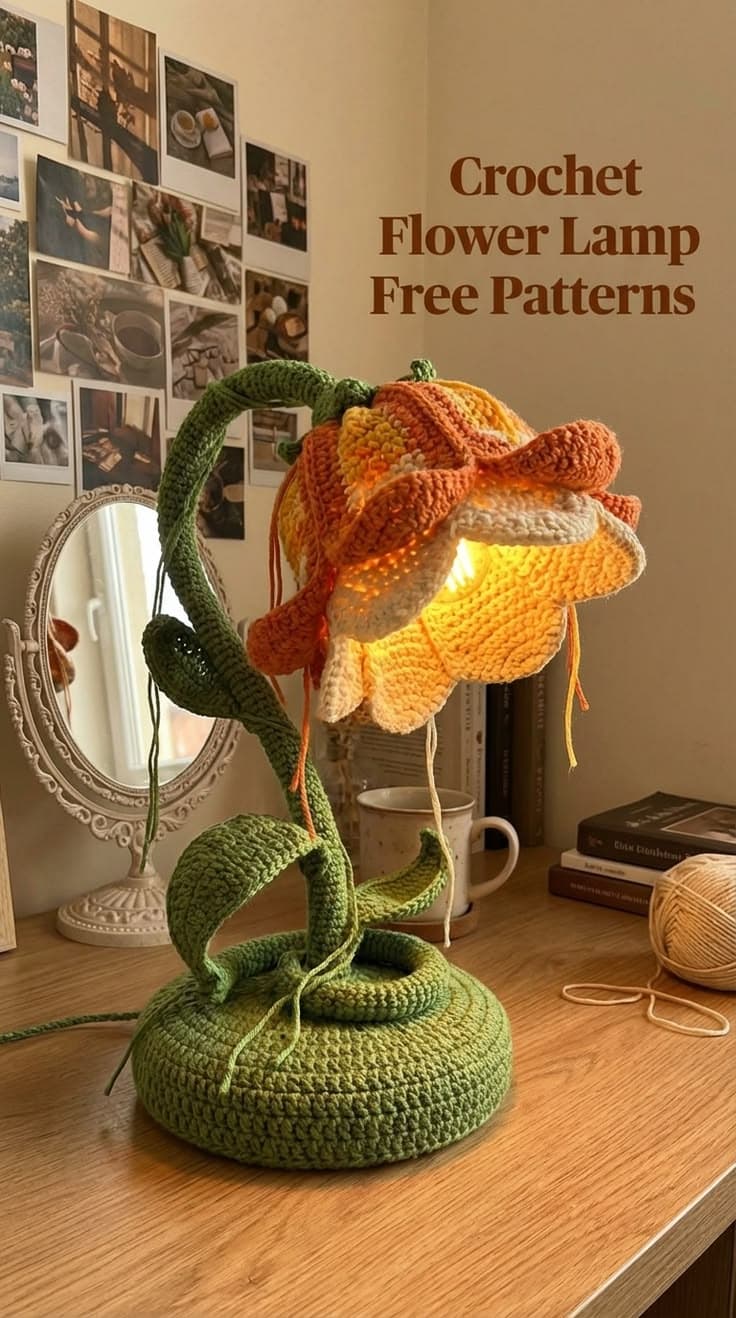 Crochet flower lamp glowing on a wooden desk