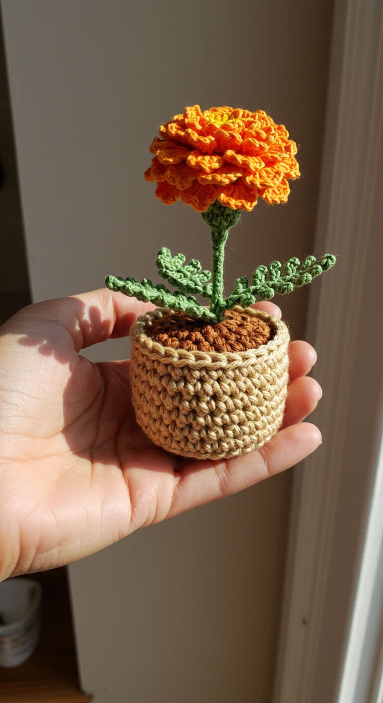Tiny crochet marigold pot held in a palm
