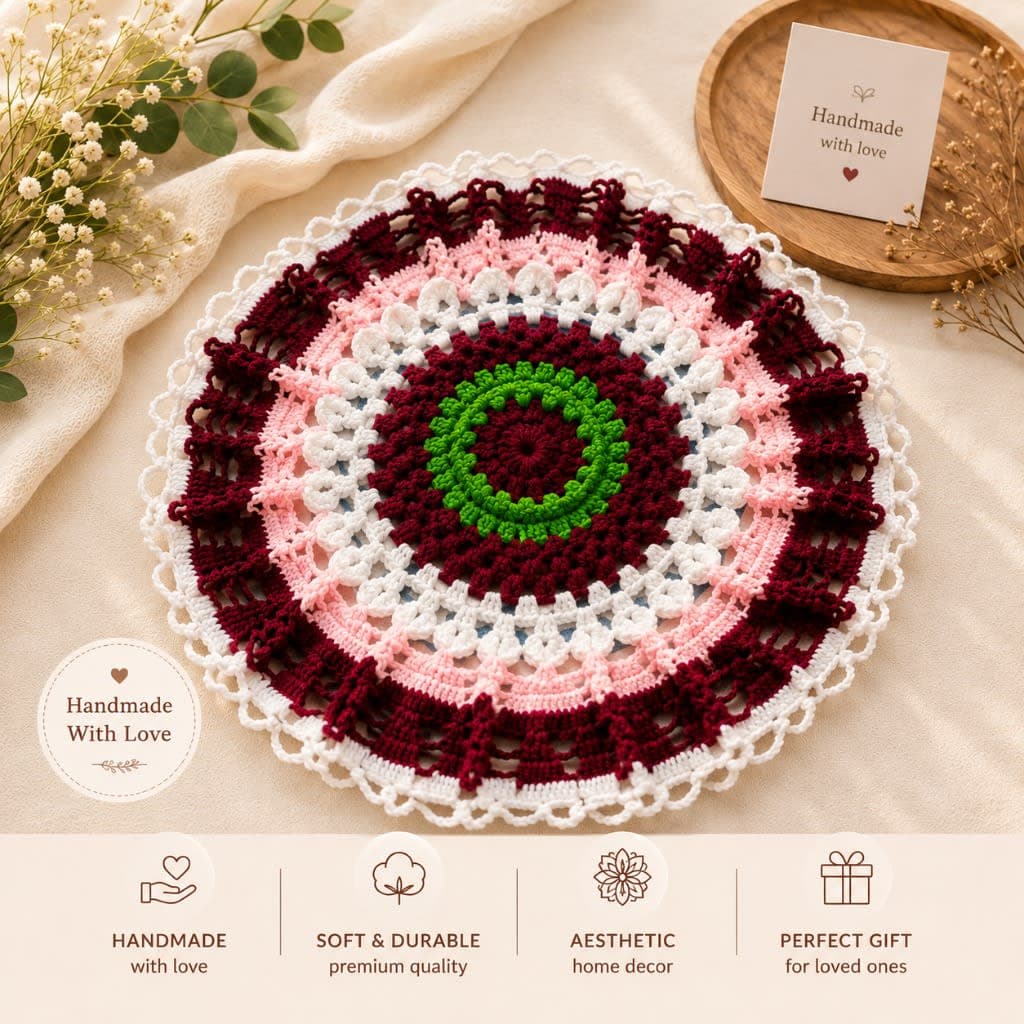 Handmade Crochet Table Mat, puja cover