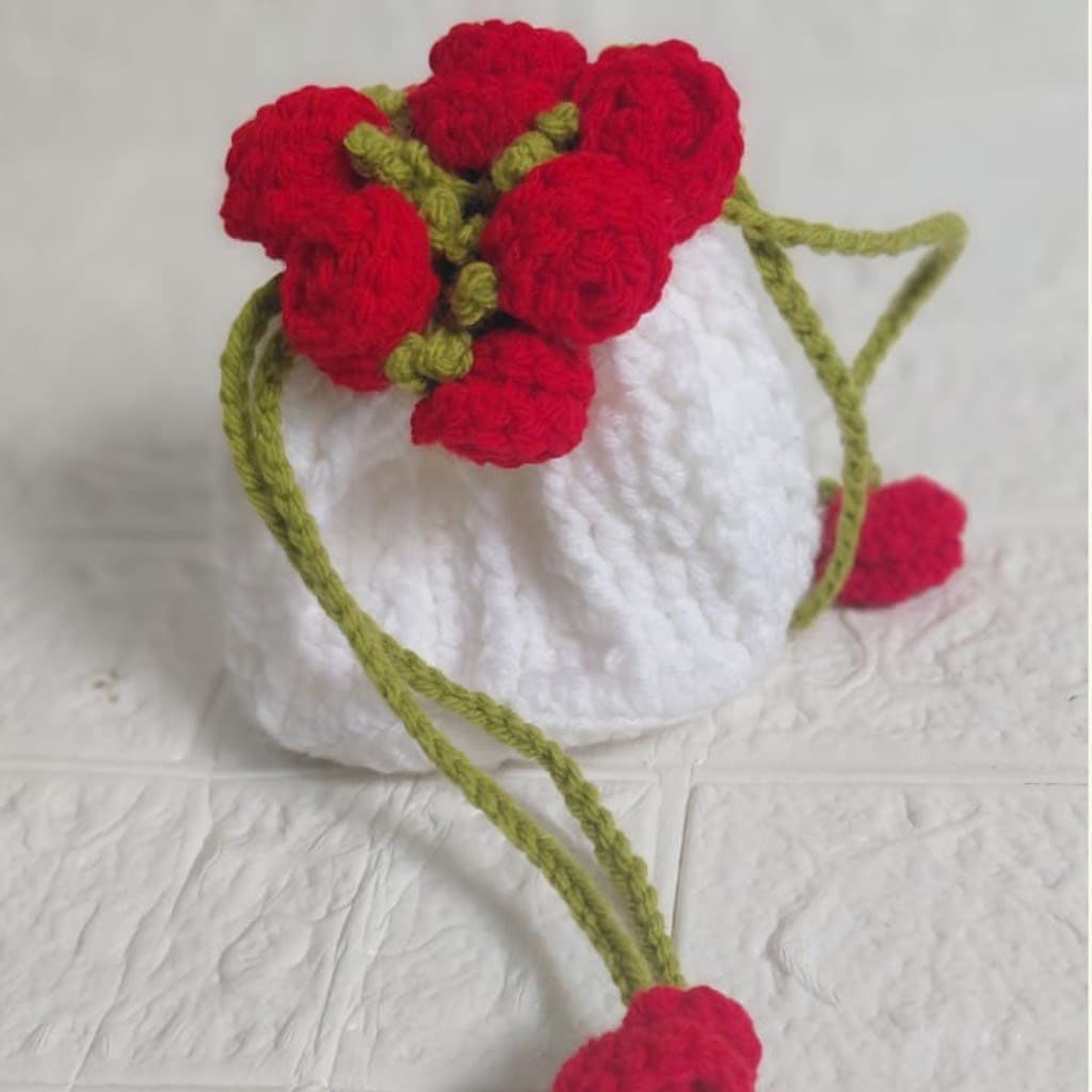 Handmade Crochet Rose Drawstring mini potli bag
