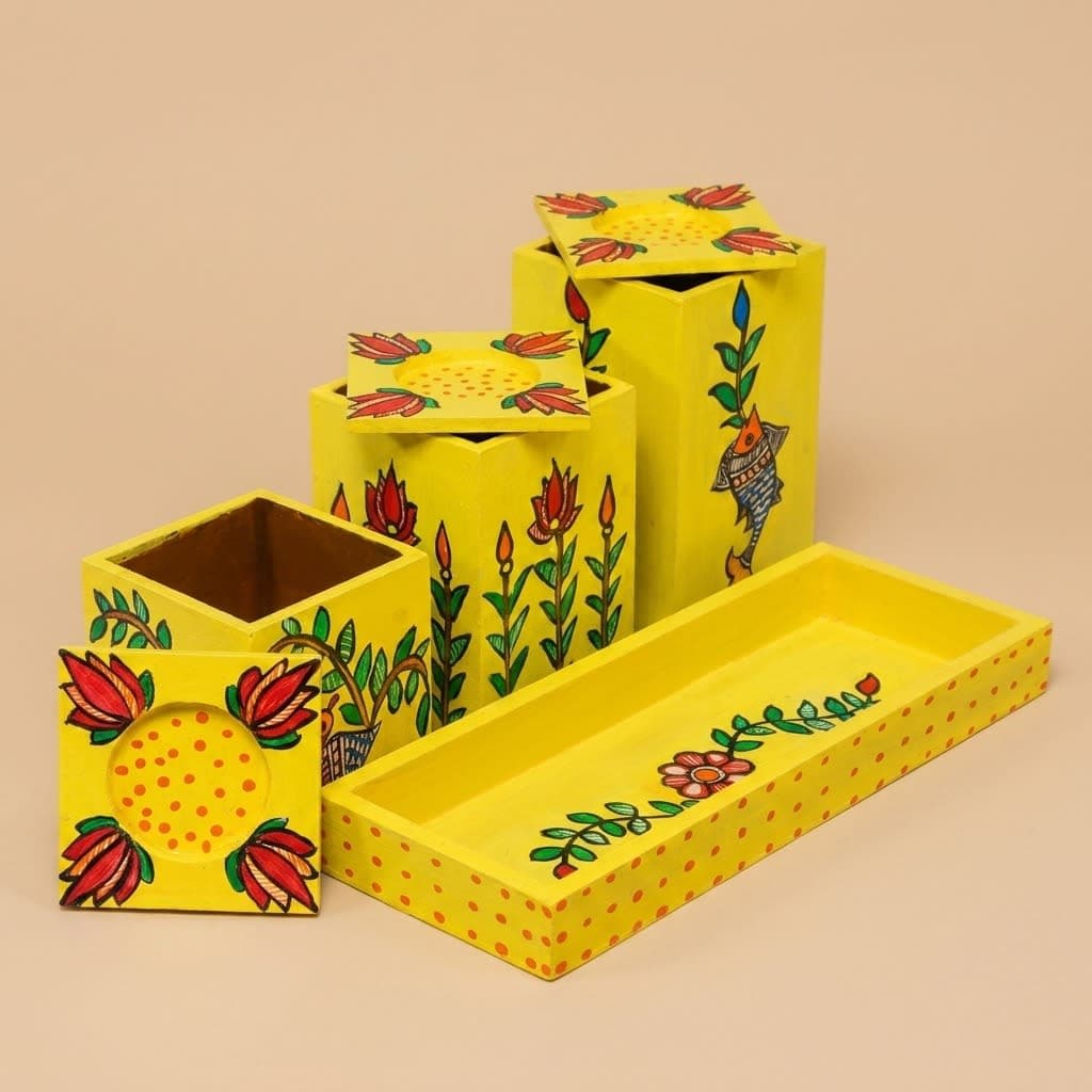 madhubani art 7 piece organizer set with 3 holders, 3 covers/tealight holders & a tray