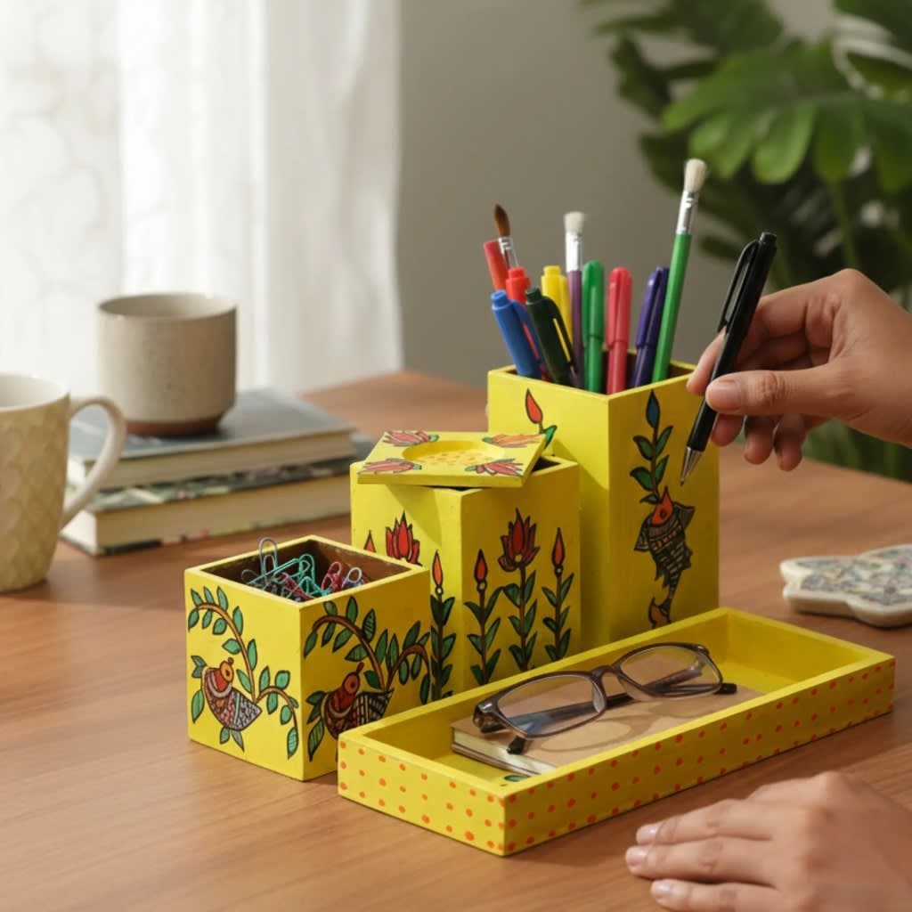multipurpose organizer set being used as desk organizer holding pen, pins, and specs