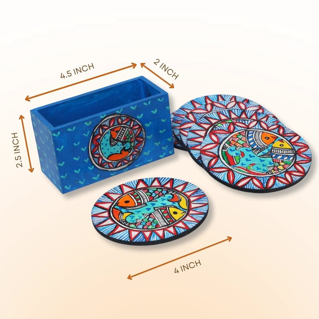 Colorful Madhubani fish wooden coasters perfect for dining and coffee tables