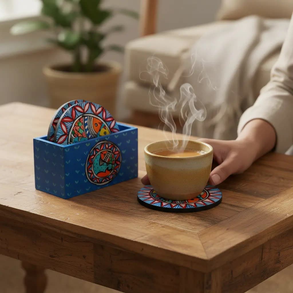 Handmade Indian folk art coaster set for home and office décor