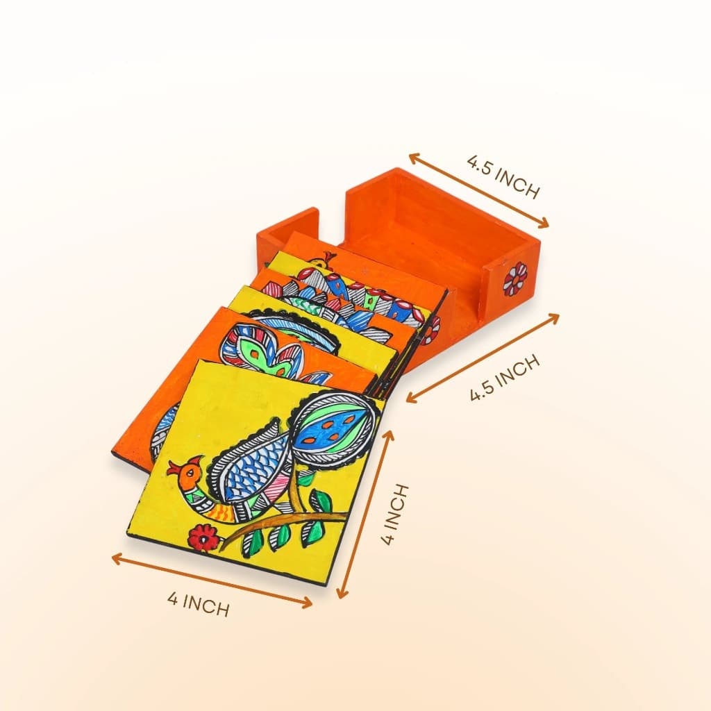Set of six wooden coasters featuring colorful Madhubani peacock artwork