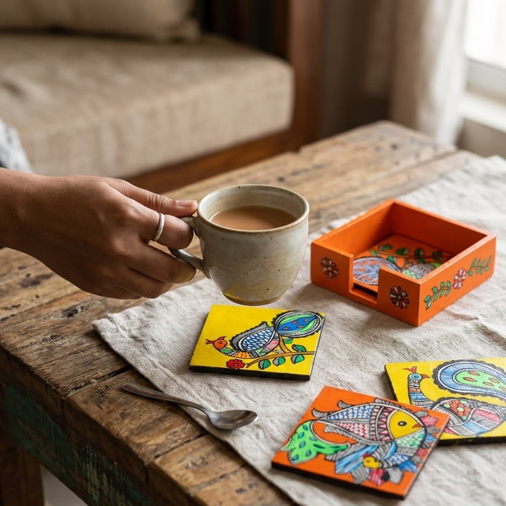 Traditional Mithila art peacock coaster set for tea and coffee tables
